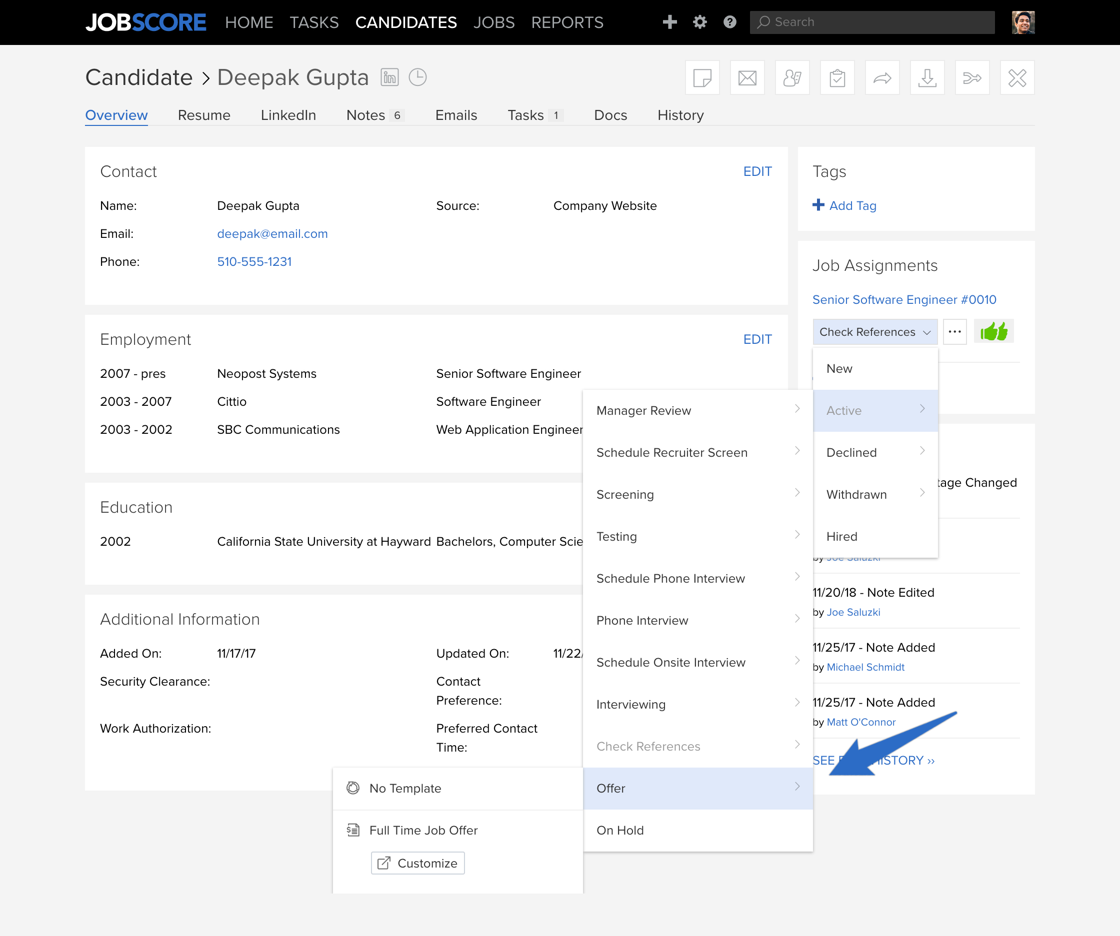 candidate page with offer selected