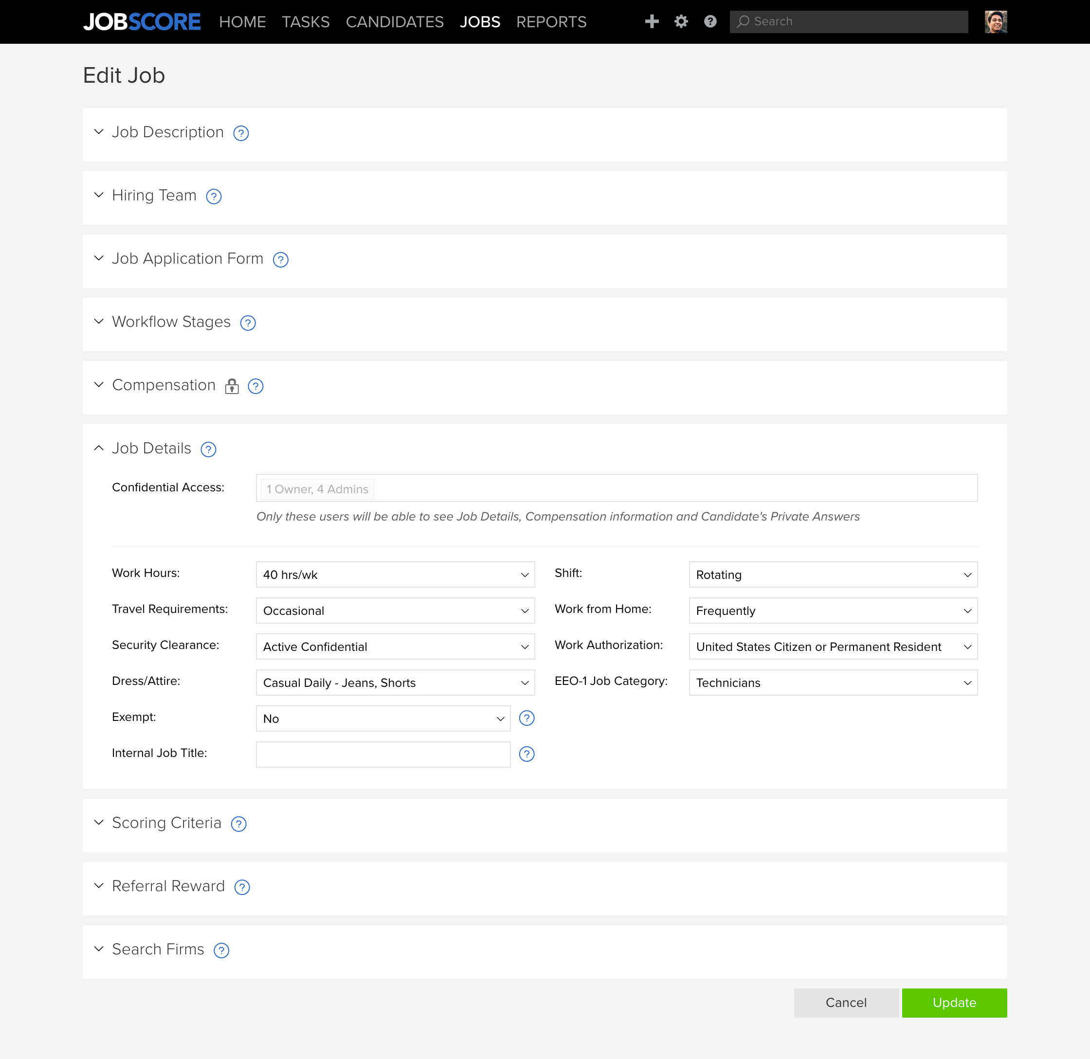 edit job page with jod details opened