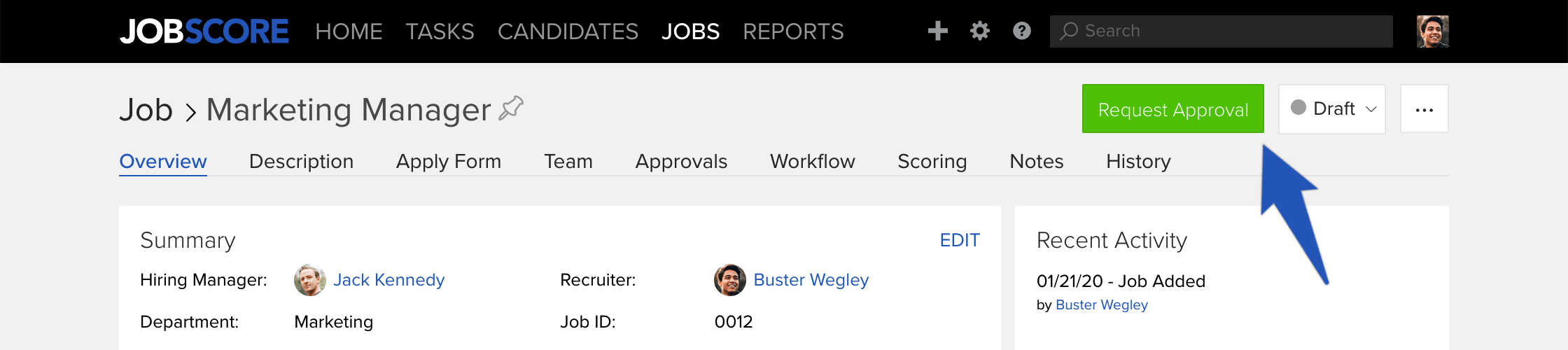 request approval button on the view job page