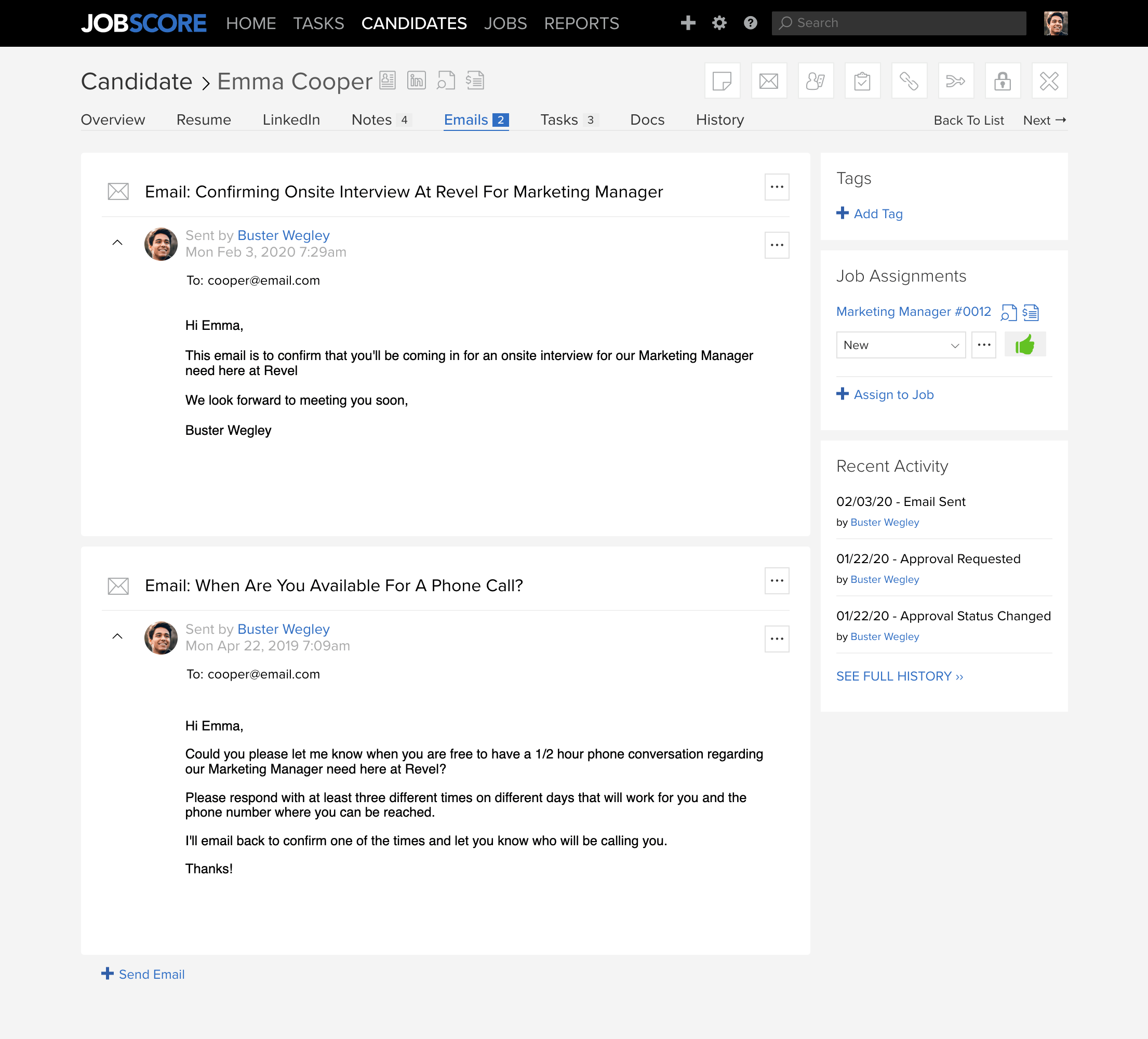 Candidate page - email section