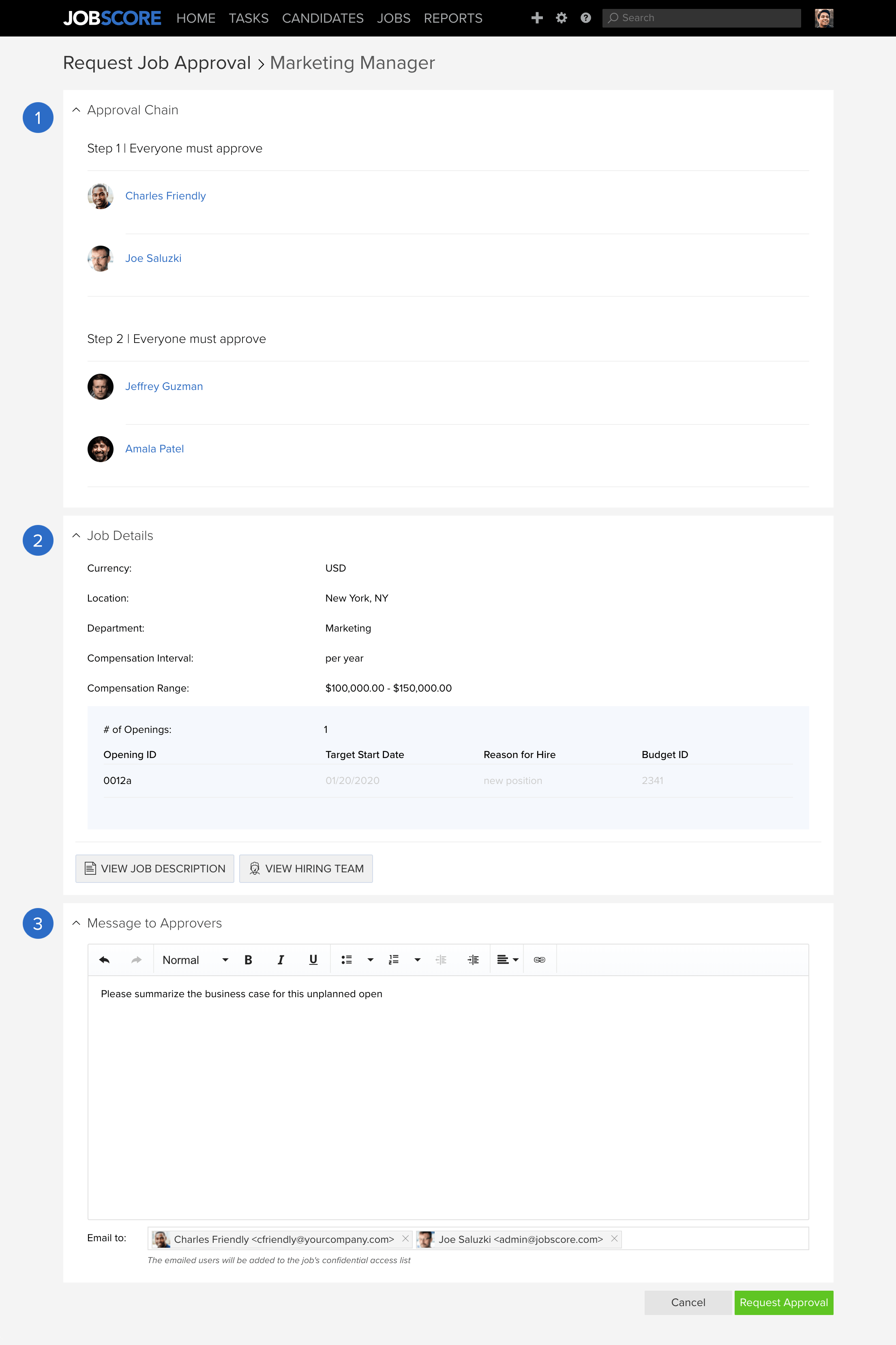 Request Job Approval page