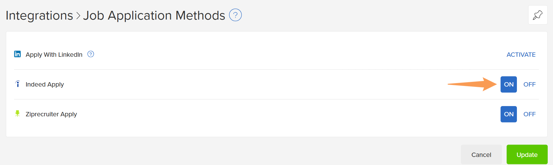 Job Application Methods settings in JobScore with Indeed Apply turned on