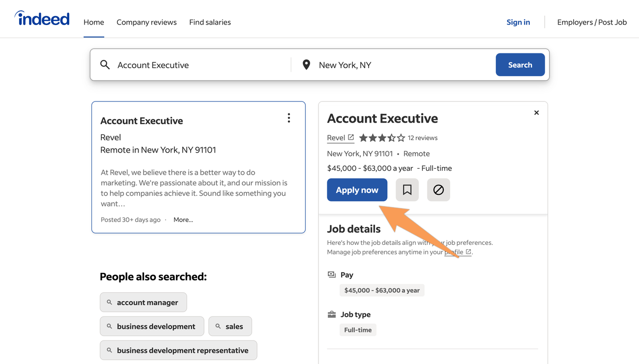 Job on Indeed with the Apply now button for Indeed Apply