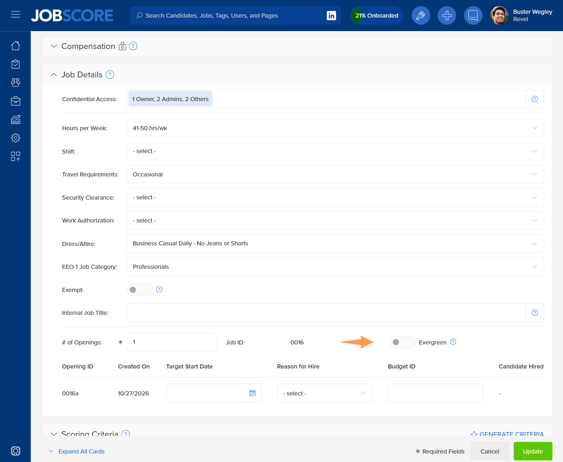 Evergreen switch that gives a job unlimited openings, next to number of openings in an applicant tracking system